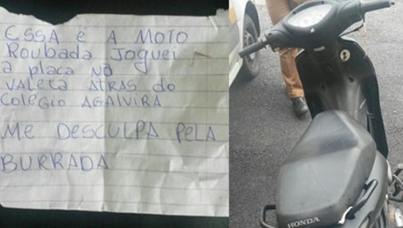 Ladrão arrependido abandona moto roubada e deixa bilhete para polícia