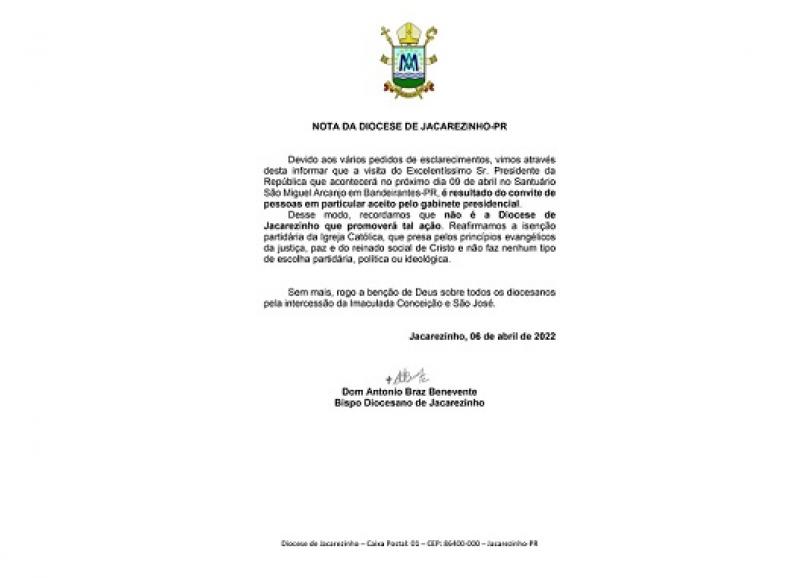 Bispo da Diocese de Jacarezinho emite nota sobre visita presidencial ao Santuário de Bandeirantes