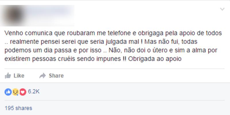 VÃ­tima de estupro coletivo usa Facebook para agradecer apoio e desabafa: â€œNÃ£o dÃ³i o Ãºtero e sim a almaâ€