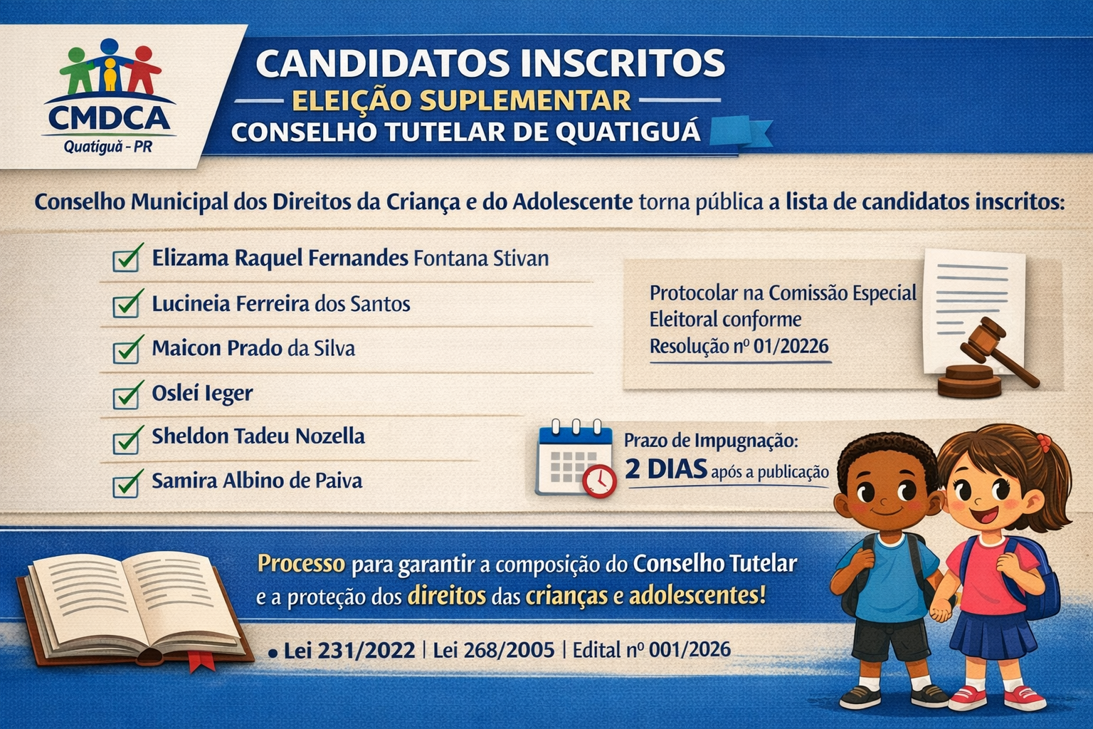 CMDCA divulga lista de candidatos inscritos na Eleição Suplementar para o Conselho Tutelar de Quatiguá