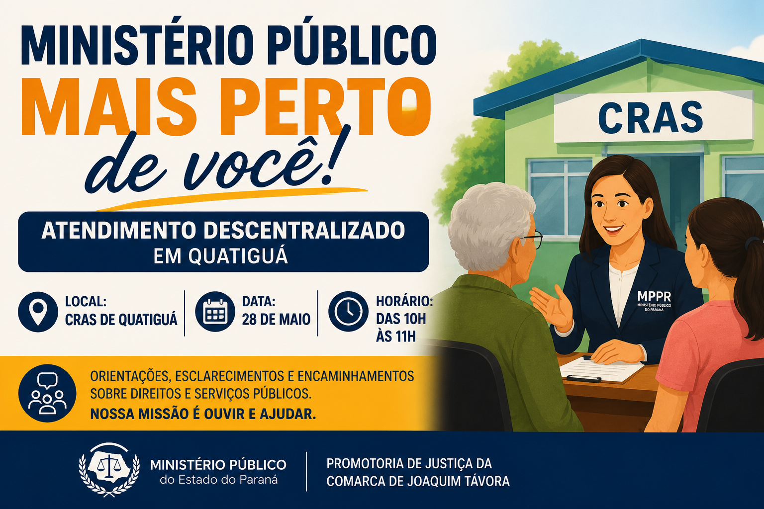 Ministério Público realiza atendimento descentralizado à população de Quatiguá no dia 28 de maio