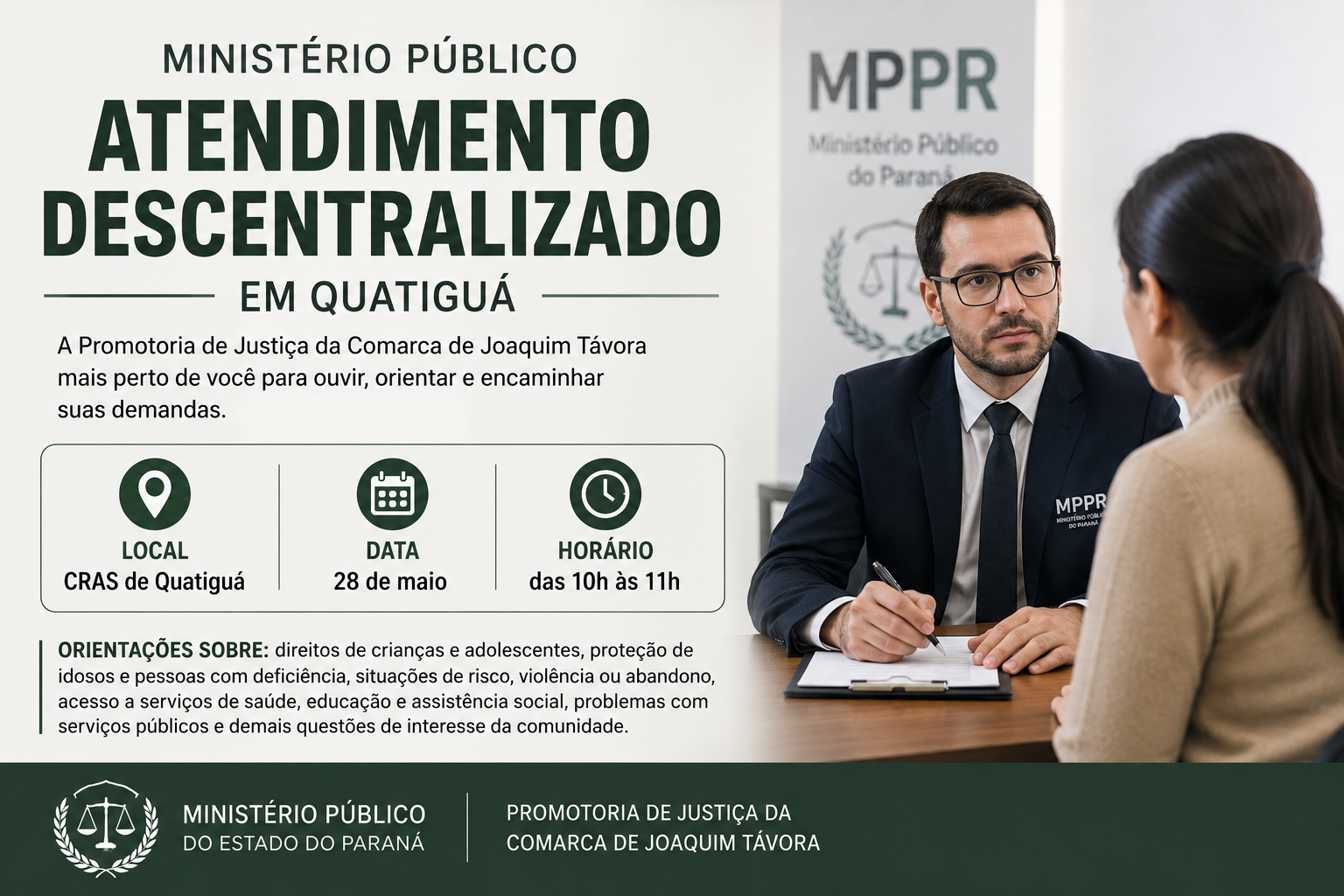 Ministério Público realiza atendimento descentralizado à população de Quatiguá no dia 28 de maio