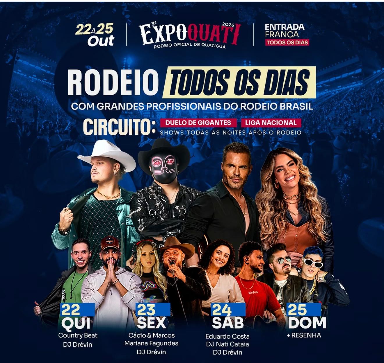 ExpoQuati 2026 terá rodeio todas as noites e shows com grandes atrações em Quatiguá