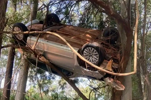 Carro fica pendurado em árvore após sair da pista 