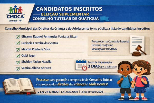 CMDCA divulga lista de candidatos inscritos na Eleição Suplementar para o Conselho Tutelar de Quatiguá