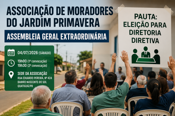 ASSOCIAÇÃO DE MORADORES DO JARDIM PRIMAVERA CONVOCA ASSEMBLEIA PARA ELEIÇÃO DA NOVA DIRETORIA